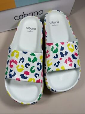 Cabana Life White Slide Sandals with Multicolor Leopard Print